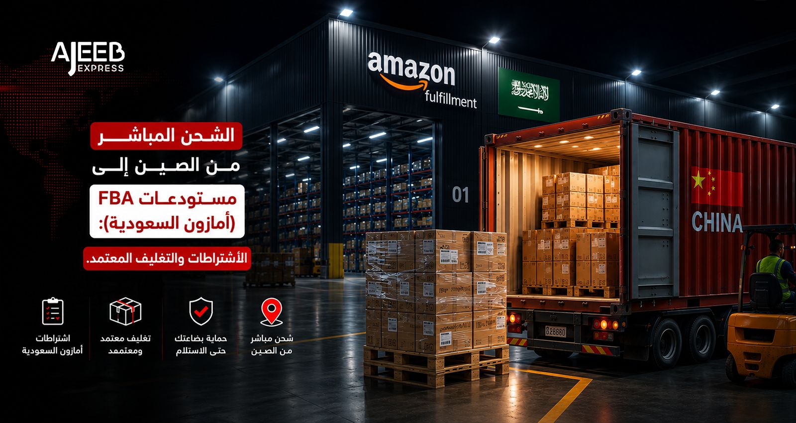 Blog Direct shipping from China to Amazon FBA warehouses in Saudi Arabia showing compliant packaging, labeling, cargo preparation, and delivery requirements for Amazon sellers importing from China.